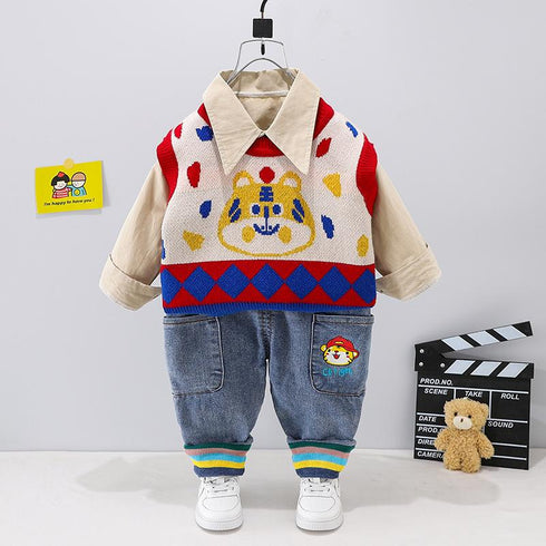 Autumn dress little boy denim casual pants little tiger long sleeve shirt cartoon sweater vest set of three