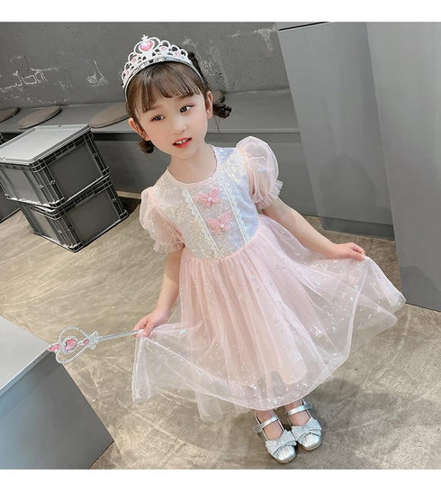 New Girl Pengpeng Princess Yarn Dress Girl Butterfly Shining Mesh Dress