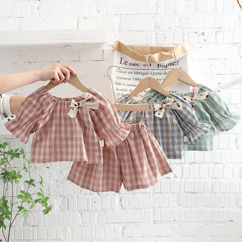 Round Neck Plaid Short Sleeve Suit Casual Shorts Two Piece Set