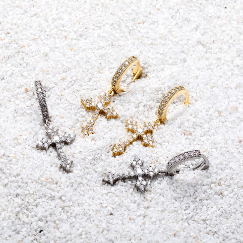 Silver needle inlaid with zirconium cross ear buckle hip hop ear ring