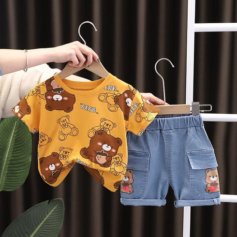 All Over Print Round Neck Short Sleeve Suit Boys' Casual Denim Shorts Two-piece Set