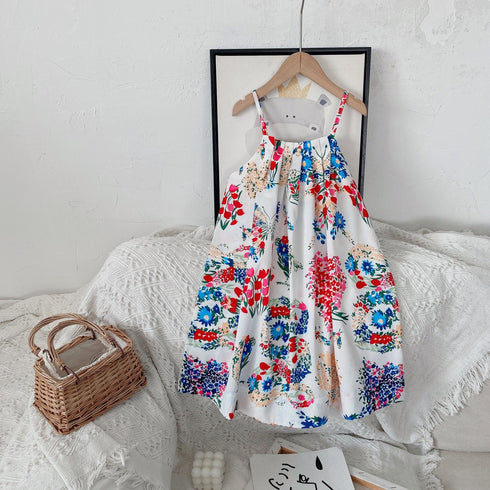 Girls Suspender Printed Dress 2022 Summer New Girls Loose Beach Dress