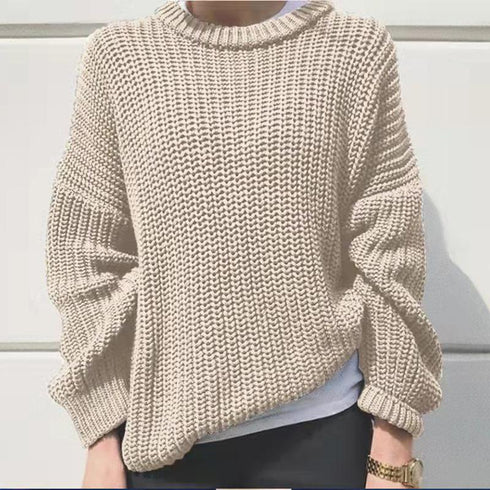 Fall Winter Loose Solid Color Crewneck Knit Pullover