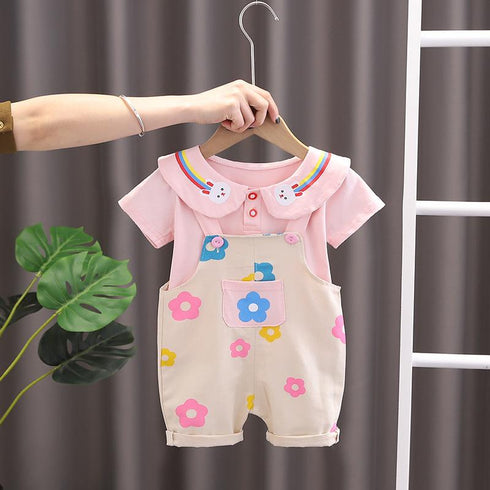 Cute Rabbit Short Sleeved Top Flower Suspender Shorts Set