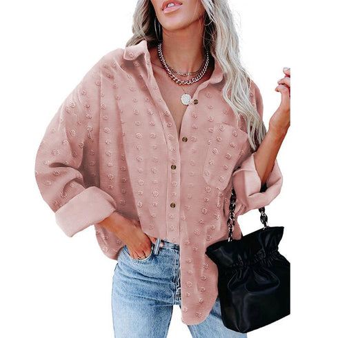 Solid Chiffon Jacquard Lapel Long Sleeve Shirt