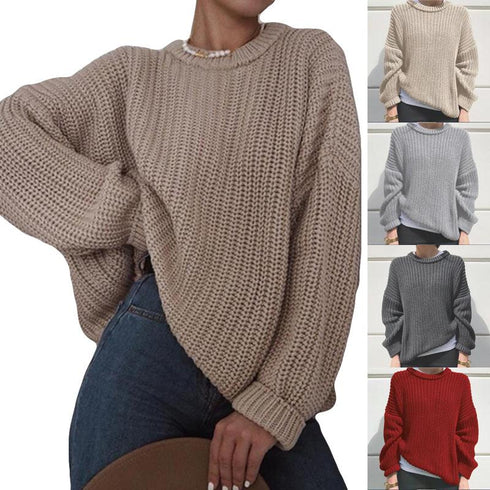 Fall Winter Loose Solid Color Crewneck Knit Pullover