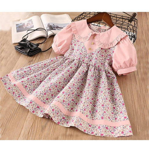 Summer New Girls Dress Short Sleeve Floral Lapel Children's Dress