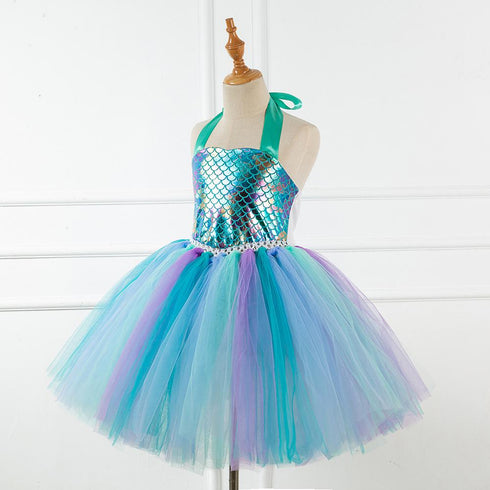 European And American Children's Clothing Girls Mermaid Fluffy Skirt Cospaly Performance Dress Fish Scale Dress Dress Send Headdress