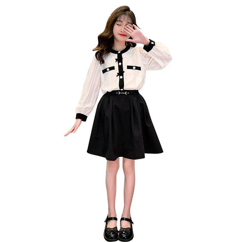 Girl's Spring Dress Little Fragrance Shirt Skirt Set