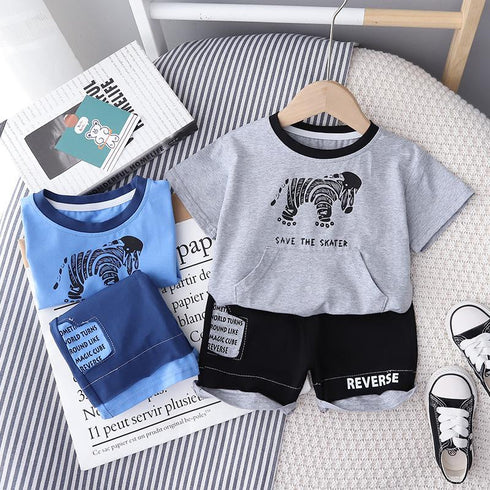 Boys' Large Pocket Round Neck Zebra Short Sleeve Suit Casual Shorts Two Piece Set