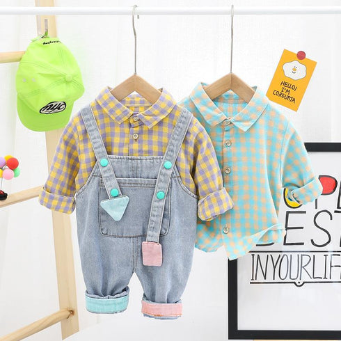 Lapel Plaid Shirt Long Sleeve Suit Cowboy Suspender Pants Two-piece Set