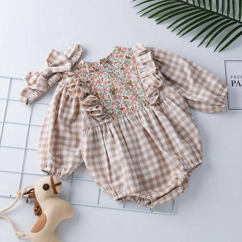 Long Sleeved Fart Wrapped Clothes, Foreign Style Climbing Clothes, Baby Plaid Jumpsuit