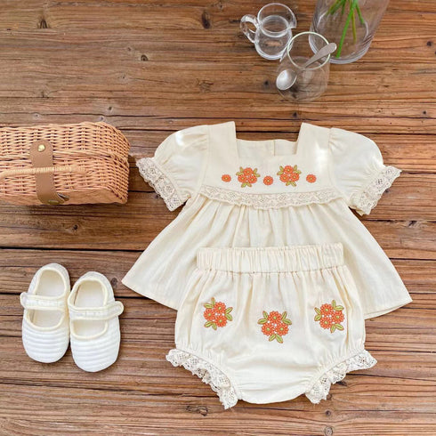 Flower Embroidered Short Sleeve Top Bread Shorts Baby Two Piece Set