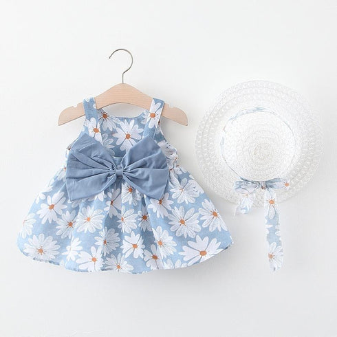 Summer New Baby Girl Vest Dress Princess Dress Straw Hat Flower Dress Two-piece Set