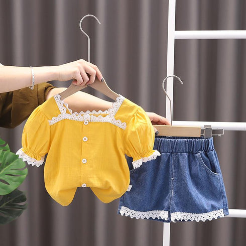 Straight Neck Lace Shirt Short Sleeved Denim Shorts Set