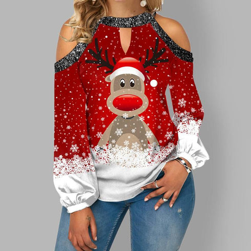 Winter Christmas Sexy Shoulder Top Elk-Print Women's Wear