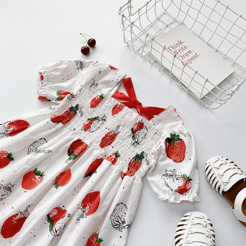 Girls Dress 2022 Summer New Girls Strawberry Print Dress Bow Princess Dress