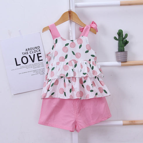 Girl's cartoon suspender shorts two-piece set