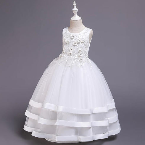 Flower Princess Dress Lace Beaded Multi-Layer Satin