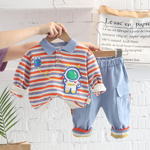 Astronaut Lapel Striped Long Sleeve Suit Boy's Baby Casual Pants Two-piece Set