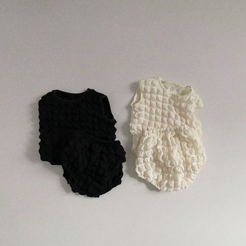 Cute Sleeveless Suit Bubble Lattice Three-dimensional Fluffy T-shirt Shorts