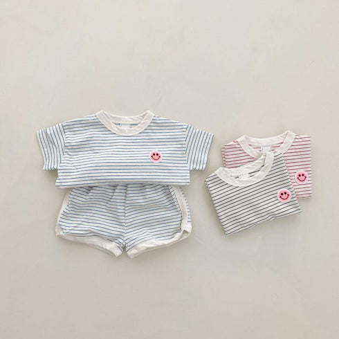 Striped Smiling Face Short Sleeved Shorts Set