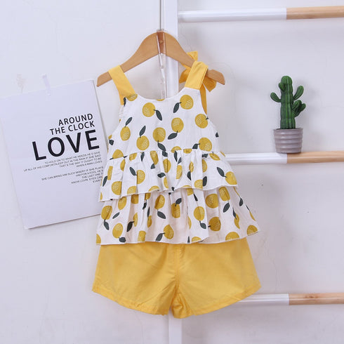 Girl's cartoon suspender shorts two-piece set