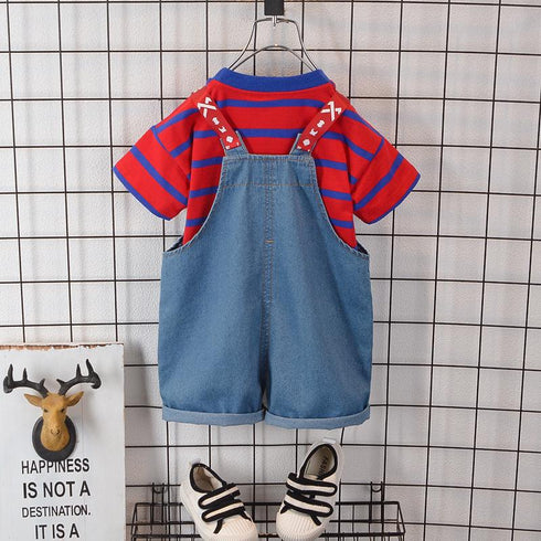 Boy's and girl's striped T-shirt short sleeve denim braces two-piece set