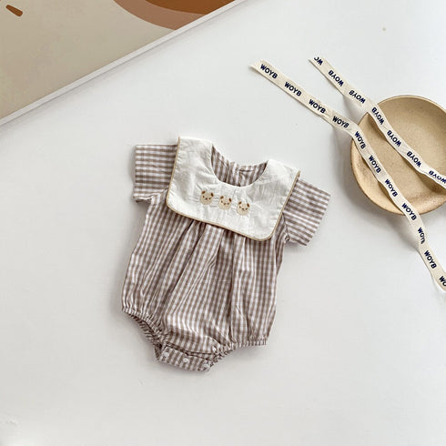 Plaid jumpsuit with square collar embroidered bear jacket climbing clothes