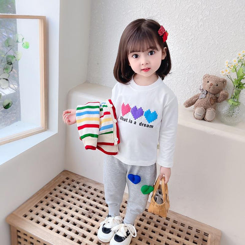 Round Neck Color Striped Cardigan Long Sleeve Three Piece Set Baby Girls Sports Pants Set
