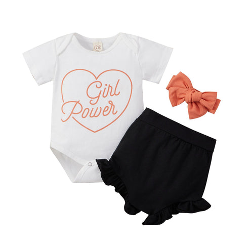 Girls short sleeve+shorts+bowknot three-piece set