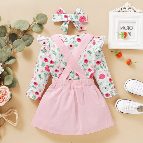 Girls Autumn Floral Fly Sleeve Top Strap Skirt Three-piece Set