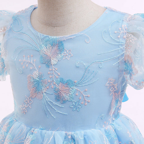 Girl's Bubble Sleeve Dress Embroidered Mesh Paggy Dress Princess Dress