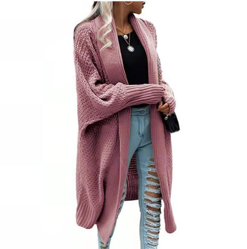 Fall winter lapel bat sleeve knit long sweater cardigan