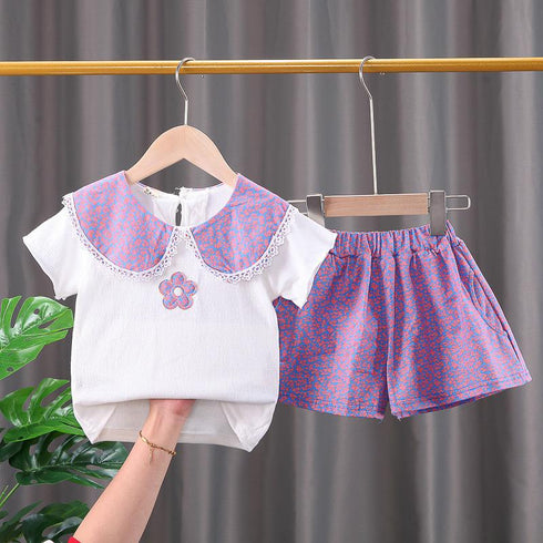 Girls' Flower Short Sleeve Suit Girls' Summer Clothes Shorts Two-piece Set