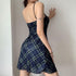 Plaid Double Mesh Lace-Up Strap Dress