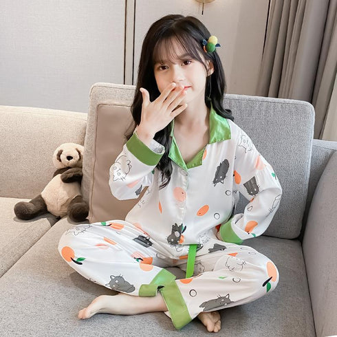Girl's Ice Silk Long Sleeve Orange Cat Set Pajamas