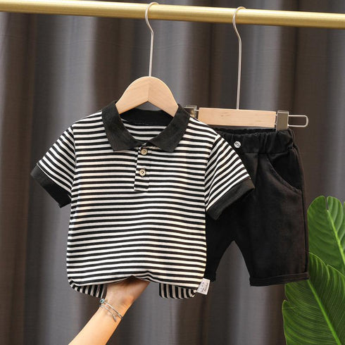 Boys summer lapel striped t-shirt pants two-piece set