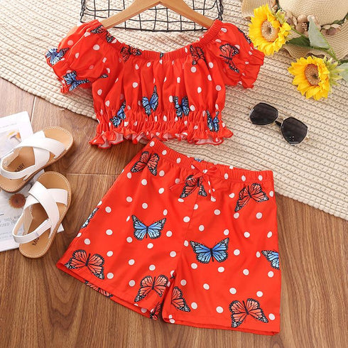 Girls' Off Shoulder Wave Point Butterfly Short Sleeved Top And Shorts Two-piece Set