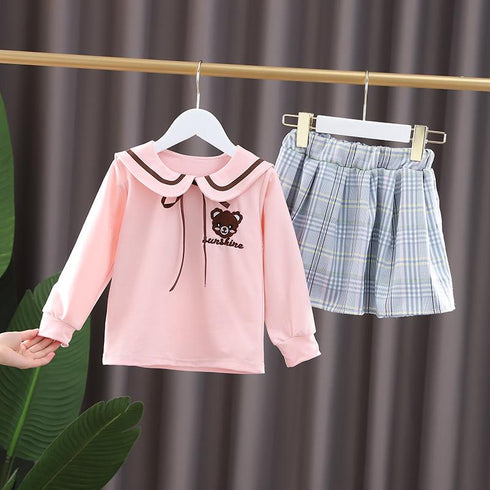Spring and Autumn Girls Long Sleeve Skirt Two-Piece Set