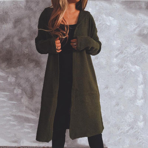 Autumn and winter solid color long sleeve hooded knitted cardigan
