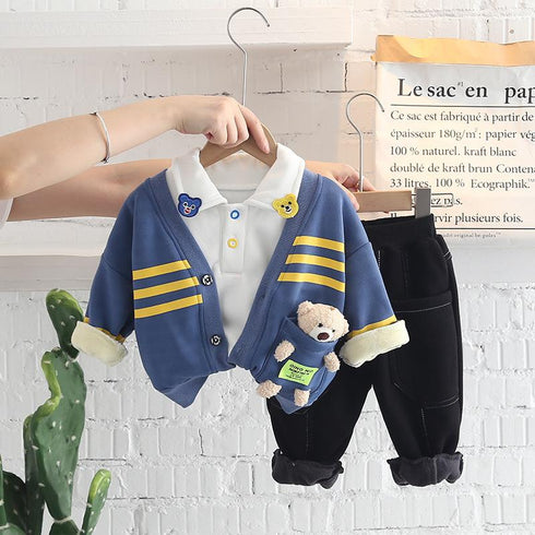 Autumn and winter boys plus velvet long sleeve three-piece set