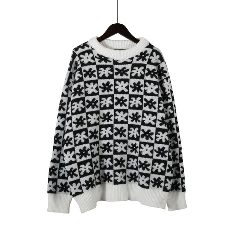 Small Plaid Crewneck Knit Sweater for Autumn and Winter