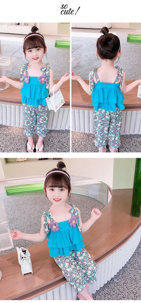 Summer Suit 2022 New Girls Sweet Cute Three-dimensional Flower Coat Pants Two-piece Set