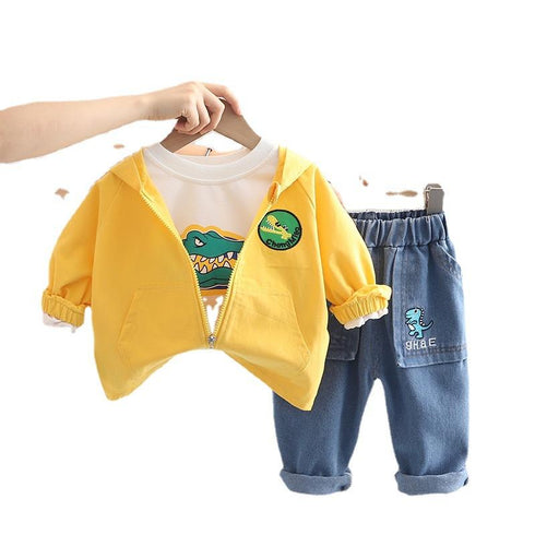 Spring and autumn boys casual hooded zipper shirt three-piece set