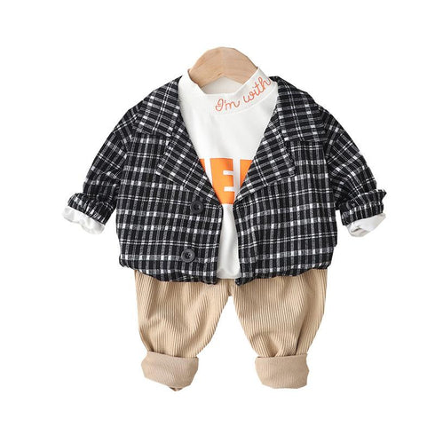 Boy's Plaid Cardigan Spring and Autumn Three-Piece Set