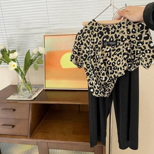 Girls Summer Leopard-Print Short-Sleeve Pants Set