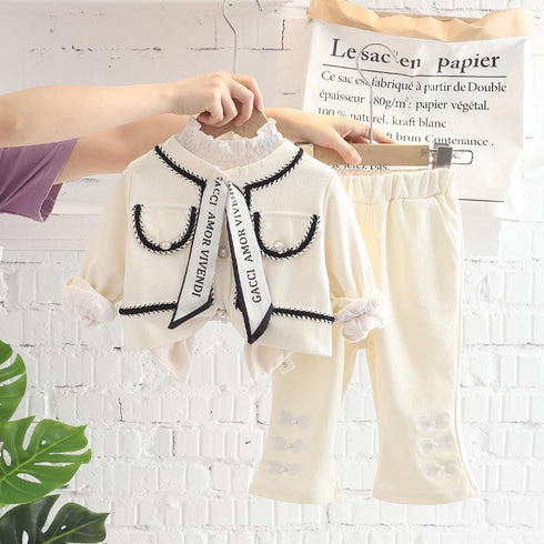 Silk Ribbon Small Fragrance Long Sleeve Set Baby Girl Casual Solid Color Pants Three Piece Set
