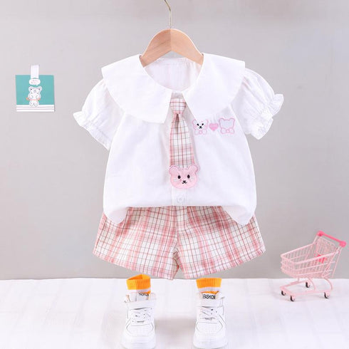 Girls' Foreign Style Plaid Short Sleeve College Uniform Suit