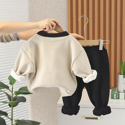 Autumn and winter boys plus velvet long sleeve two-piece set